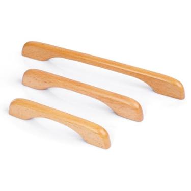 Imagem de KOVNISE Puxadores de madeira maciça, 2 peças, puxadores de faia, cor de madeira original, estilo moderno simples para armário e porta, gaveta, sapato, armário, armário, gaveta, puxador longo (128 mm)