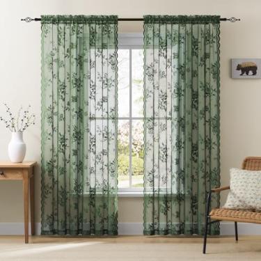 Imagem de Cortinas de renda verde-escura, 2 painéis, 2 painéis, cortinas florais transparentes para sala de estar, quarto, bolso de varão, cortinas de filtragem de luz, cortinas francesas para janela grande