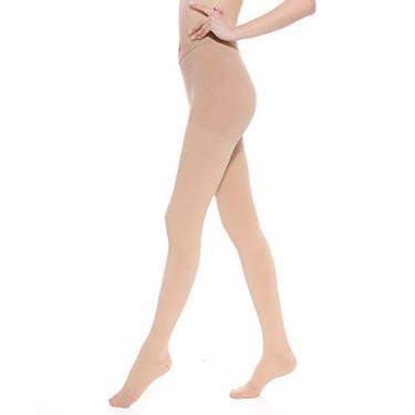 Imagem de Meia-calça de compressão médica para mulheres e homens – suporte opaco plus size 20-30 mmHg meia-calça firme graduada, Closed Toe Beige, Small