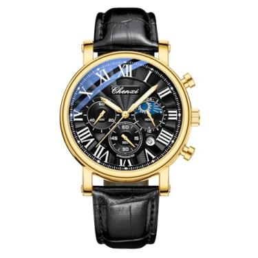 Imagem de FANMIS Relógio analógico masculino clássico, multifuncional, esportivo, militar, à prova d'água, luminoso, cronógrafo, céu estrelado, fase da lua, relógio de pulso de couro, X dourado e preto, Relógio