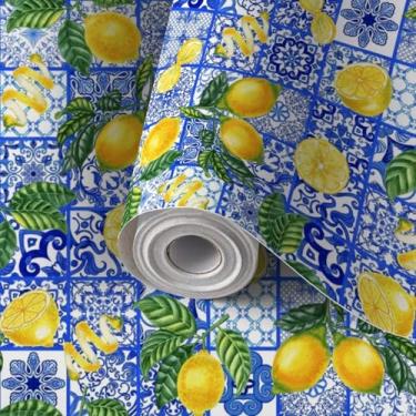 Imagem de Papel de parede autoadesivo mural de parede mediterrâneo sem costura azulejos azuis de majólica amarelo limões papel de contato papel de parede amigável para cozinha berçário quarto 61 cm x 299 cm
