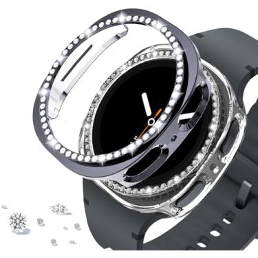 Imagem de DEALELE [Pacote com 2] Capa compatível com Samsung Galaxy Watch 8 de 44 mm, capa protetora de PC com diamante de linha única Bling (44 mm, cinza metálico + transparente)