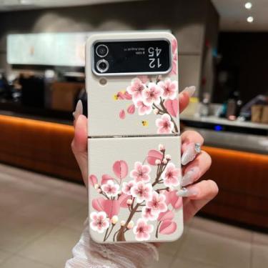 Imagem de Capa para Samsung Galaxy Z Flip4 com estampa floral, textura de couro, dobrável, capa de celular de TPU macio (para Samsung Galaxy Z Flip4/A745, bege e branco)