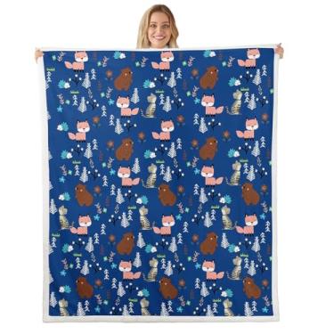 Imagem de Erosebridal Cobertores de bebê unissex para meninos e meninas, cobertores de minky de urso azul, cobertor de lã de animal de desenho animado de raposa e gato, animais selvagens, sherpa, floresta, vida