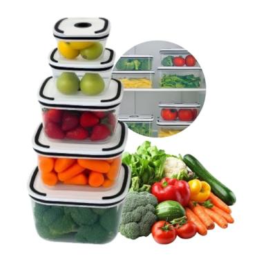 Imagem de Kit 5 Potes Organizadores Quadrados de Geladeira Hermético Transparente com Borracha Isolante - Organizador de Frutas Legumes Saladas - Sem BPA - Qualidade Premium - UpShop