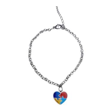 Imagem de Pulseira Autismo De Aço Inox Com Pingente Coração Autista Nas Cores Do Quebra Cabeça Do Autism Corrente Aço Inoxidável Hipoalergênico