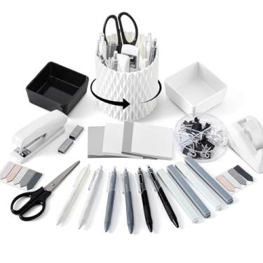 Imagem de Kosiz Acessórios de mesa preto e branco, organizador de mesa, branco, material de escritório, suporte de caneta, grampeador, fichário/clipes de papel, grampos de tesoura, acessórios estéticos para