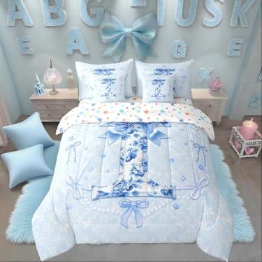 Imagem de Erosebridal Conjunto de edredom infantil com inicial I azul, para meninas, conjunto de edredom com laço de coquete, princesa, estética, sonhador, cama fofa em uma bolsa com design floral rosa chique