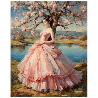 Imagem de Elegante kit feminino de pintura por números para adultos - DIY Lady in Pink Gown by Spring Tree Painting on Canvas 40 x 50 cm, conjunto de tinta acrílica, adequado para iniciantes, arte para