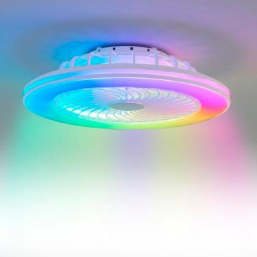 Imagem de Briwind Ventiladores de teto de perfil baixo com luzes, ventilador de teto de montagem embutida moderno com gaiola de 61 cm com luz LED, acabamento da caixa branca, luz principal RGB
