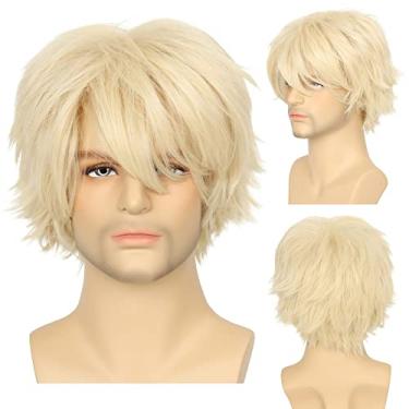 Imagem de Koonfan Peruca loira curta masculina ou feminina em camadas de cabelo fofo cosplay personagem Halloween fantasia anime festa perucas