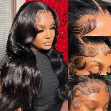 Imagem de KeepMe Perucas de cabelo humano ondulado frontal de renda transparente 33 x 10 HD cabelo humano pré-arrancado densidade 180 cabelo humano virgem brasileiro sem cola para mulheres linha do cabelo