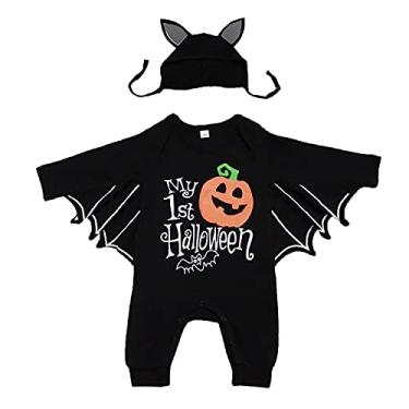 Imagem de My 1st Halloween Outfit Abóbora recém-nascido menino fantasia preto morcego macacão manga comprida com chapéus, Preto, 6-12 meses