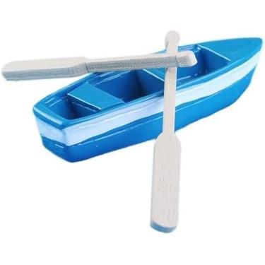 Imagem de Lindo barco a remo azul miniatura 1 conjunto de canoa de barco de resina com remos para decoração de topo de bolo em miniatura