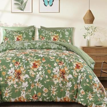Imagem de Dobuyly Conjunto de edredom king size, 7 peças, verde floral, cama em uma bolsa, estampa de flores botânicas, conjunto de cama com lençóis, fronhas e fronhas