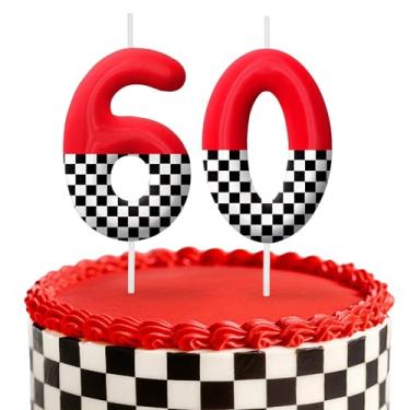 Imagem de Velas de aniversário de carro de corrida, decoração de topo de bolo de 6 cm, bandeira quadriculada número 60 velas, decorações de aniversário, decorações de bolo de festa de aniversário, suprimentos