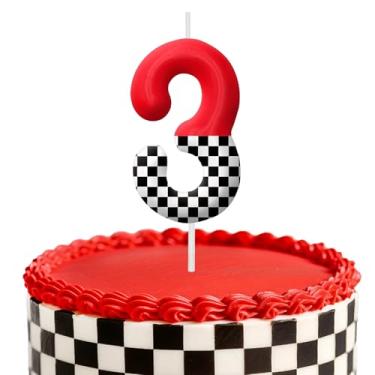 Imagem de Velas de aniversário de carro de corrida, decoração de topo de bolo de 6 cm, bandeira quadriculada número 3, decorações de aniversário, decorações de bolo de festa de aniversário, suprimentos de festa