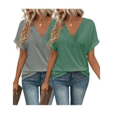 Imagem de Camiseta feminina EyMuse, moda praia, decote em V, cinza e verde escur