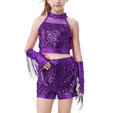 Imagem de LOLANTA Roupa de dança de lantejoulas para meninas, short metálico curto com borla, mangas nos braços, fantasias de recital de 5 a 13 anos, Roxa, 10-11 Anos