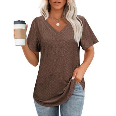 Imagem de Camiseta feminina OFEEFAN com decote em V, manga curta, marrom, 3GG