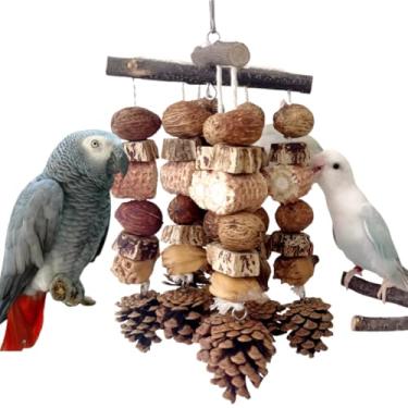 Imagem de Brinquedo de papagaio grande, brinquedos para mastigar nozes com espiga de milho, pinhas para moer bico de papagaio, brinquedo de madeira natural para rasgar cinza africano, amazona, araras, quaker
