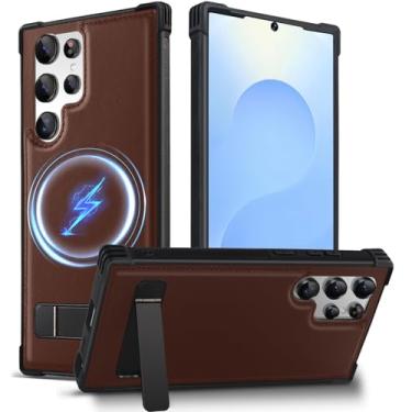 Imagem de KEZiHOME Capa para Samsung Galaxy S23 Ultra, capa magnética mais forte com suporte, couro genuíno premium à prova de choque TPU proteção bumper design para Samsung S23 Ultra (marrom)