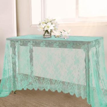 Imagem de LuoluoHouse Toalha de mesa de renda verde 6 peças de tecido de mesa 152 x 300 cm para decoração rústica de festa de casamento retangular sobreposição longa bordada decoração de mesa de recepção