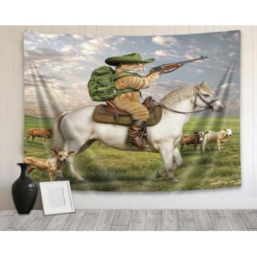 Imagem de DYNH Tapeçaria de animais engraçados, gato caubói com rifle monta um cavalo na grama verde, rancho, vaca, cachorro, tapeçaria de parede pendurada para quarto, sala de estar, dormitório, fundo de TV