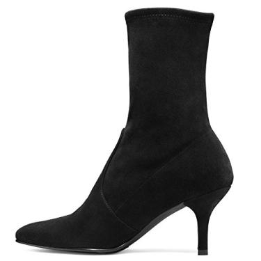 Imagem de Divanne Botas femininas de cano curto, bico fino, cano médio, camurça elástica, salto gatinho, Camurça preta - 6,5 cm, 35