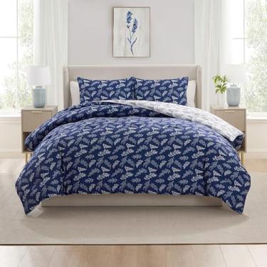 Imagem de Nestl Conjunto de edredom Queen - Cama azul majestosa em uma bolsa, tamanho Queen, 3 peças, jogo de cama reversível, floral macio, edredom botânico para todas as estações com fronhas