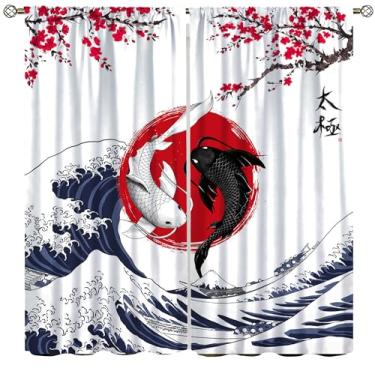 Imagem de Cortinas blackout koi japonesas, vintage, japonesa, kanagawa, ondas do mar, Sakura, preto e branco, tratamento de janela de peixe Yin Yang, cortinas com bolso para varão, para meninos, sala de estar