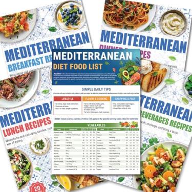 Imagem de Conjunto de 5 tabelas de dieta mediterrânea 2025 – Lista de alimentos, tamanhos de porção, planejador de refeições, receitas com baixo teor de carboidratos