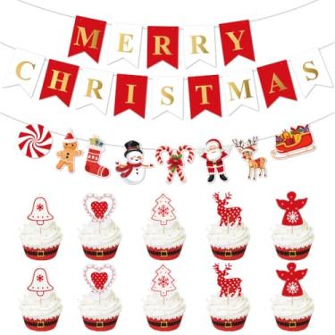 Imagem de Decorações de festa de Natal, 1 conjunto de guirlanda de faixa de Feliz Natal, 10 peças de enfeite de cupcake de Natal, vermelho e branco, conjunto de decoração de festa fofo para crianças