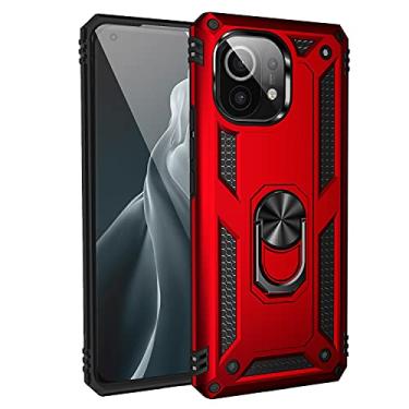 Imagem de SORAKA Capa para Xiaomi Mi 11 com suporte de anel capa armadura Xiaomi Mi 11 capa traseira de policarbonato rígido com placa de metal para suporte magnético de telefone carro vermelho