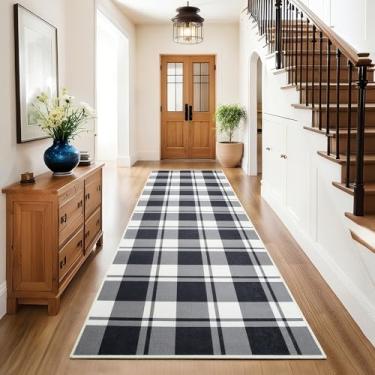 Imagem de AROGAN Tapete de juta xadrez para corredor, tapete lavável de corredor de cozinha de 5 x 15 cm, tapetes geométricos longos com design de casa de fazenda para entrada, lavanderia interna, tapete de