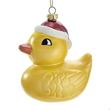 Imagem de The Bridge Collection Ornamento de chapéu de Papai Noel usando pato de borracha sintética - enfeite amarelo de vidro de pato de primeiro Natal fofo do bebê - unissex para meninos ou meninas