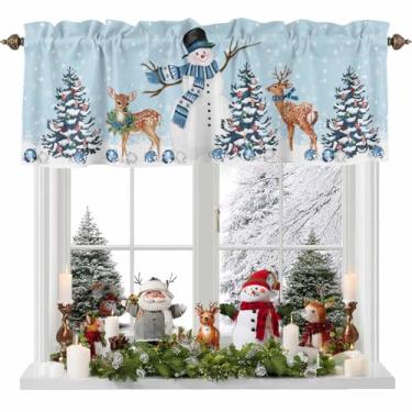 Imagem de Cortina de enfeite de boneco de neve de Natal para janelas de cozinha, cortina de camada de veado de árvore de Natal azul claro tratamento de janela cena de neve de inverno sanefas com bolso para