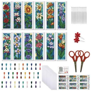 Imagem de FREEBLOSS Kit de marcadores de página de ponto cruz para adultos iniciantes kits de ponto de cruz com flores de vitrais estampados, kit de artesanato com instruções de presente 11 ct 20 x 6 cm
