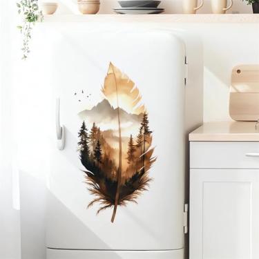 Imagem de sacinora Adesivos de parede de penas de floresta de montanha marrom, árvore de pluma natureza, decalques de parede removíveis de vinil descascar e colar geladeira, armário, banheiro, quarto