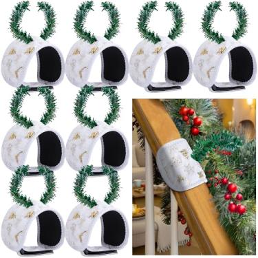 Imagem de 8 peças de laços de guirlanda de Natal com proteção de corrimão, suporte decorativo branco, suporte de guirlandas de pinho falso, protetor ajustável, para guirlanda de escada, decoração de férias em
