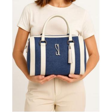 Imagem de Bolsa Feminina Baú material ecológico Jeans Focus Palha Bicolor Modern