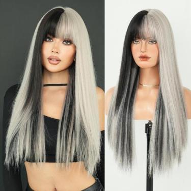 Imagem de Peruca 7JHH WIGS longa reta prateada cinza com destaque 70 cm com fran