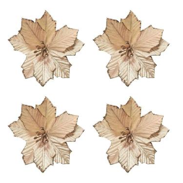 Imagem de Kit 4 Flores Bico de Papagaio Pick Natalino Veludo Champanhe Glitter 13cm