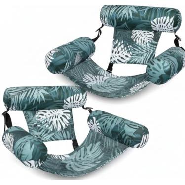 Imagem de Pacote com 2 poltronas tropicais para piscina com 3 travesseiros flutuantes – Boia de água inflável para adultos, design de folha de palmeira, 76 x 61 x 40 cm (verde e verde)