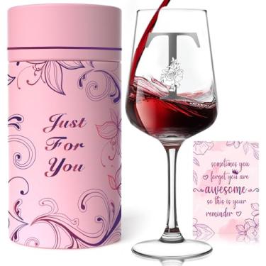 Imagem de Presentes de taça de vinho monograma personalizados para mulheres - Taça de vinho personalizada A-Z com caixa de presente e cartão comemorativo, presentes de aniversário exclusivos de Natal para ela