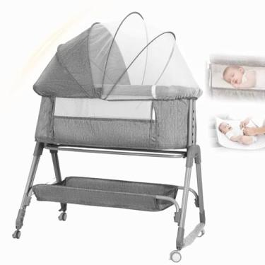 Imagem de Berço portátil 3 em 1 Moises Co-bed para bebês, cercadinho infantil, 8 alturas ajustáveis ​​para bebês com refluxo, trocador, colchão, semi-blackout mosquiteiro, cesto de armazenamento