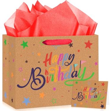 Imagem de Bolsa de presente de aniversário Kraft marrom grande para crianças com estrelas coloridas, bolsa de presente de feliz aniversário com alças, papel de embrulho e cartão de felicitações para meninos e