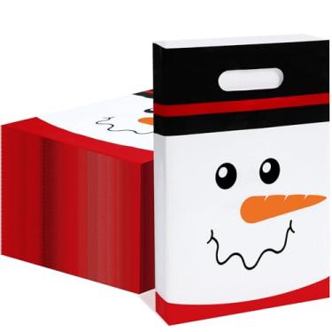 Imagem de Cholemy 100 unidades de sacos de plástico de Natal a granel, 23 x 30,5 cm, sacolas de presente de mercadorias de Natal com alças para lembrancinhas de festa de carnaval (homem de neve)