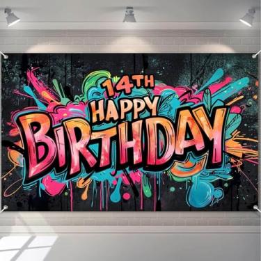 Imagem de HOMETITUTE Banner de feliz aniversário de 14 anos, grafite, colorido, salpicos de tinta, pano de fundo com balões, flores, velas, faixa de fotografia para adolescentes ao ar livre para fotografia de