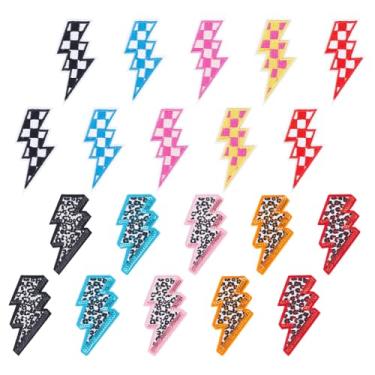 Imagem de DELORIGIN 20 peças de remendos de relâmpago quadriculado bordado para carro de corrida bordado relâmpago bordado remendos costurados para chapéus, roupas, caminhoneiro, jaqueta, jeans, camisa